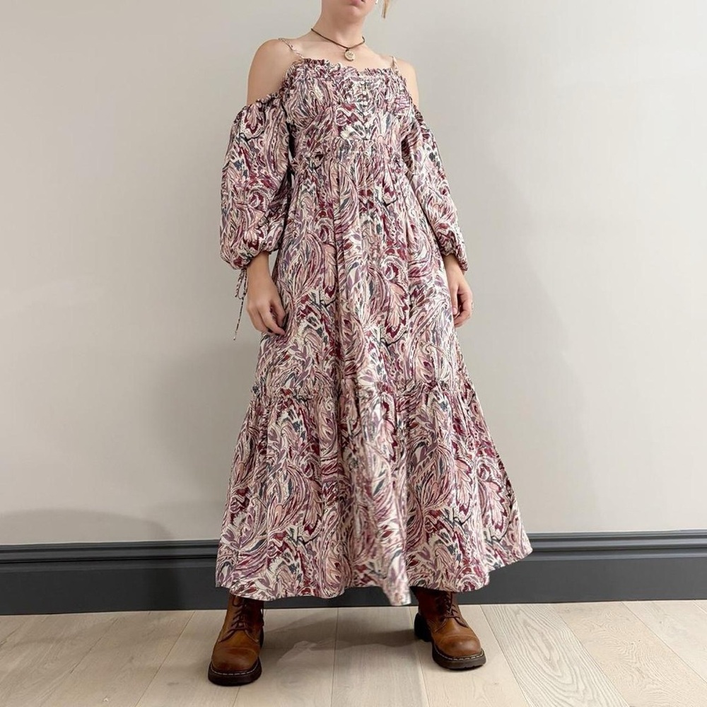 House of Harlow 1960 off shoulder boho princess paisley puff sleeve maxi dress